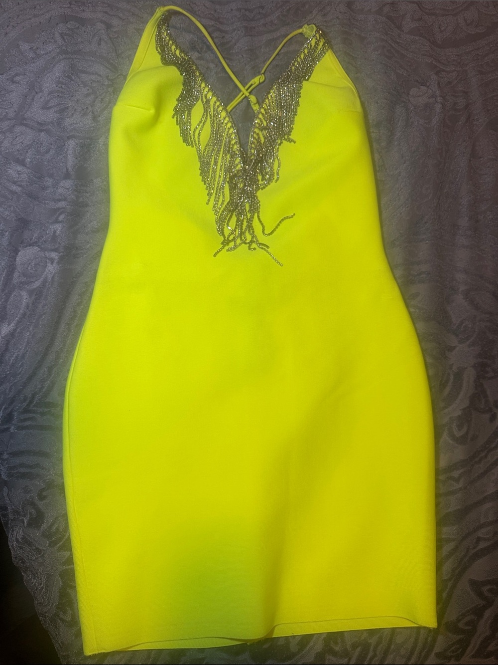 Fashion Nova Neon Yellow Fringe V-Neck Mini Dress
